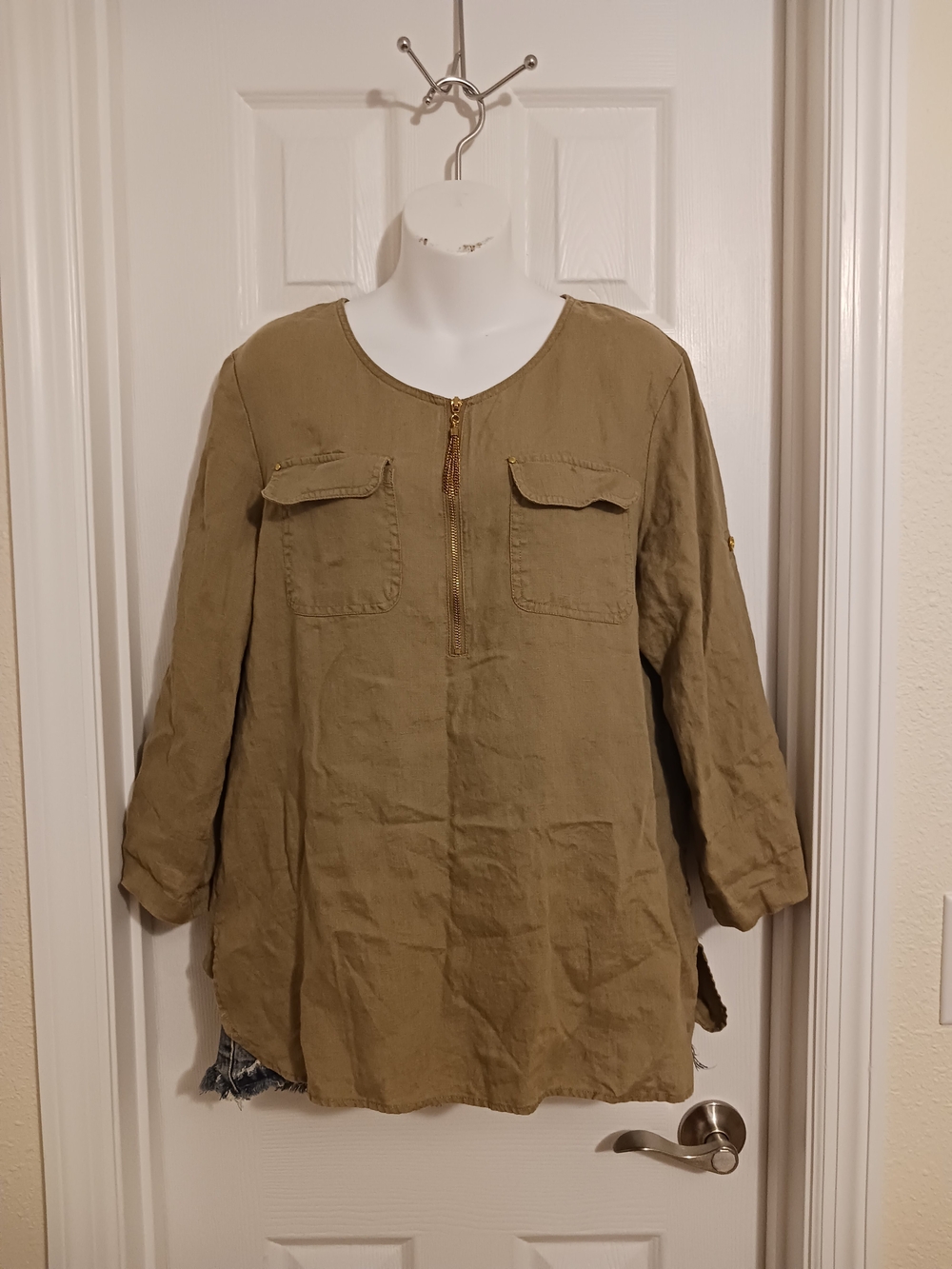 Ellen Tracy Tan Roll Tab 3/4 Sleeve Lightweight Flax Womens Med